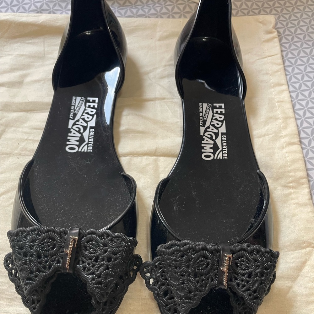 Salvatore Ferragamo Black Jelly Flats with Elegant Toe Detail